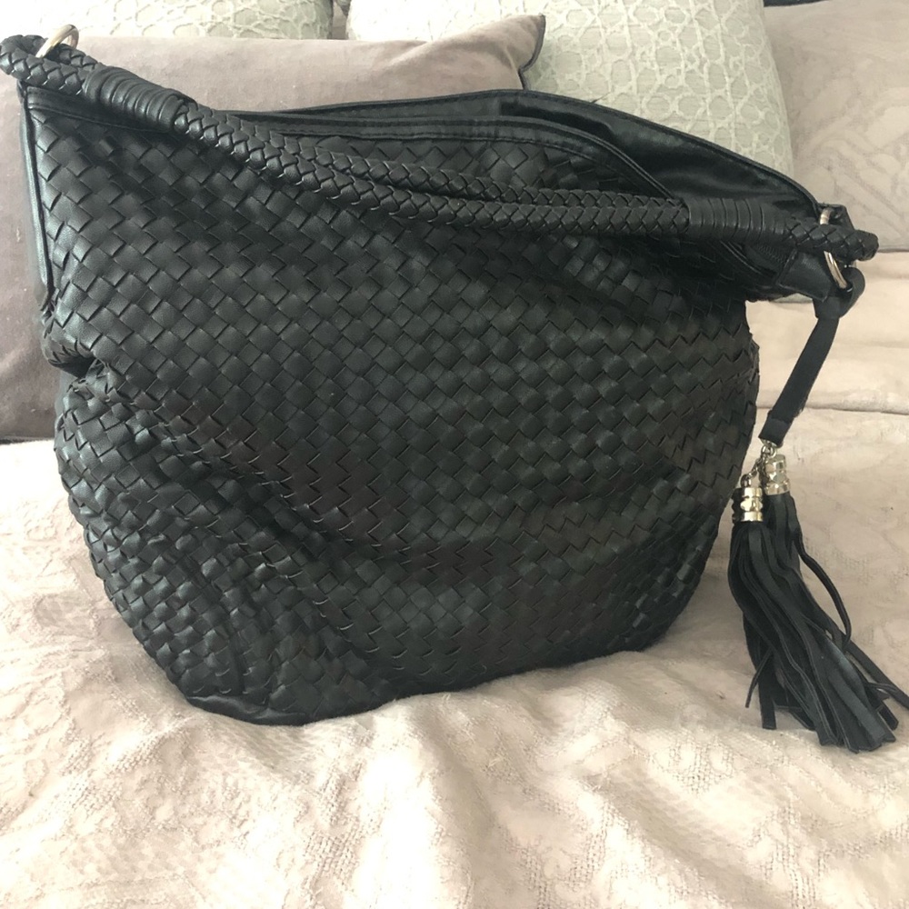 Black woven front handbag